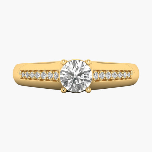 Gold ring with a large diamond and smaller diamonds on the band against a white background