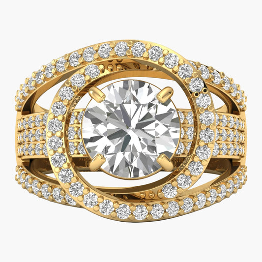 Gold ring with a large central diamond and smaller diamonds around on a white background