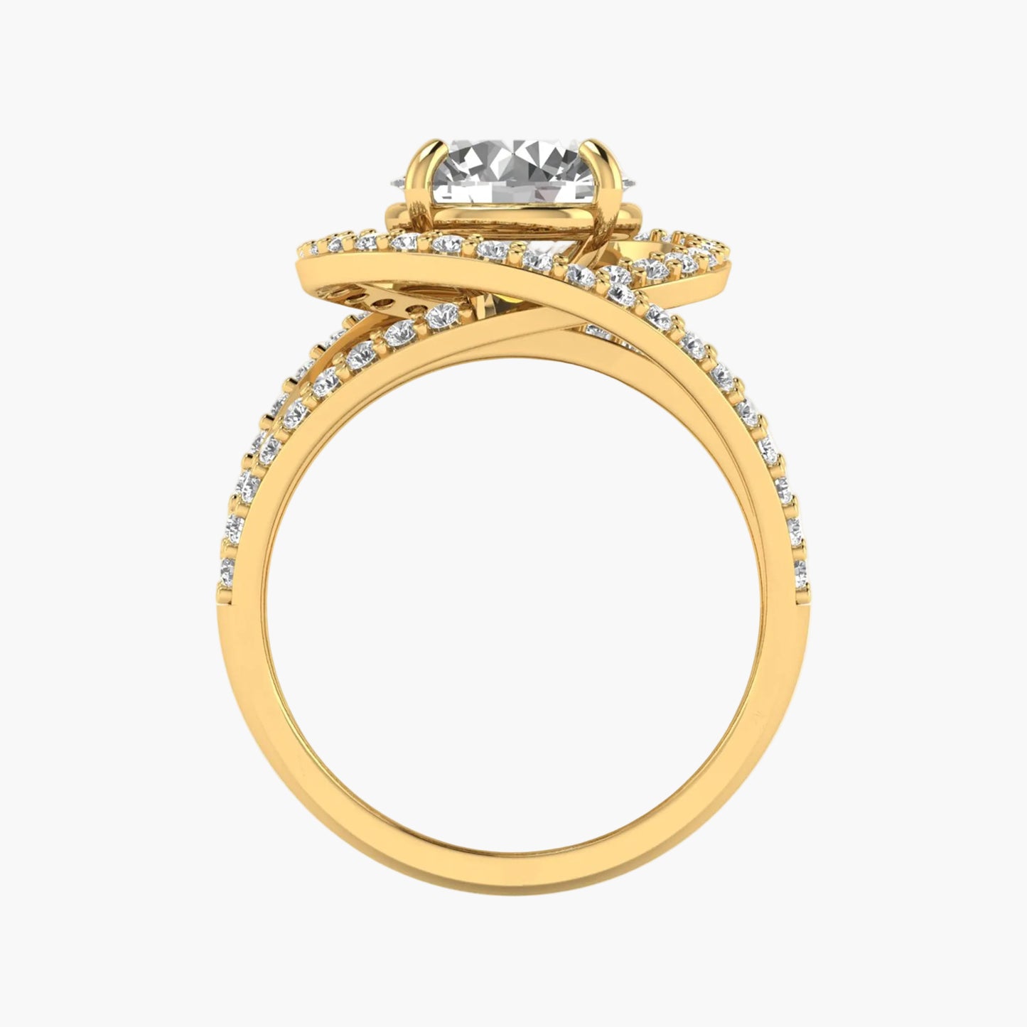 Gold ring with a large diamond and smaller diamonds on a white background