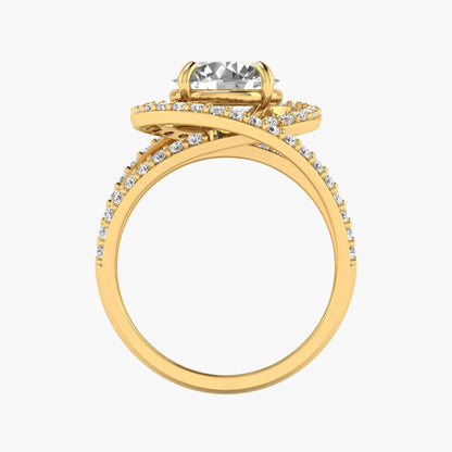 Gold ring with a large diamond and smaller diamonds on a white background