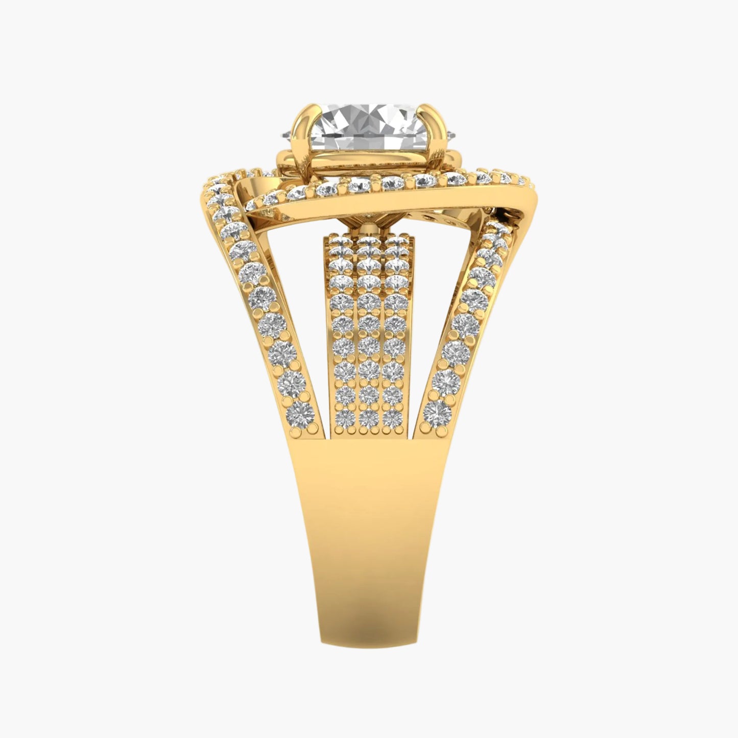 Gold ring with a large central gemstone and smaller diamonds on a white background