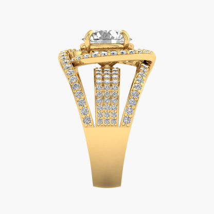 Gold ring with a large central gemstone and smaller diamonds on a white background