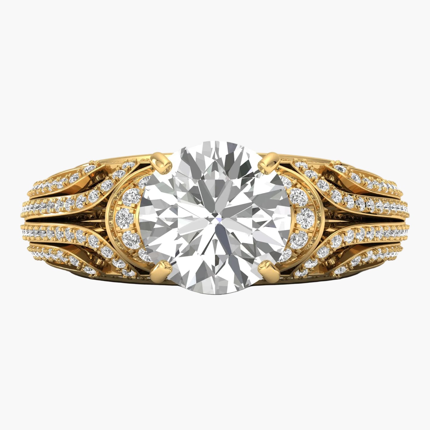Gold ring with a large diamond and smaller diamonds on the band against a white background