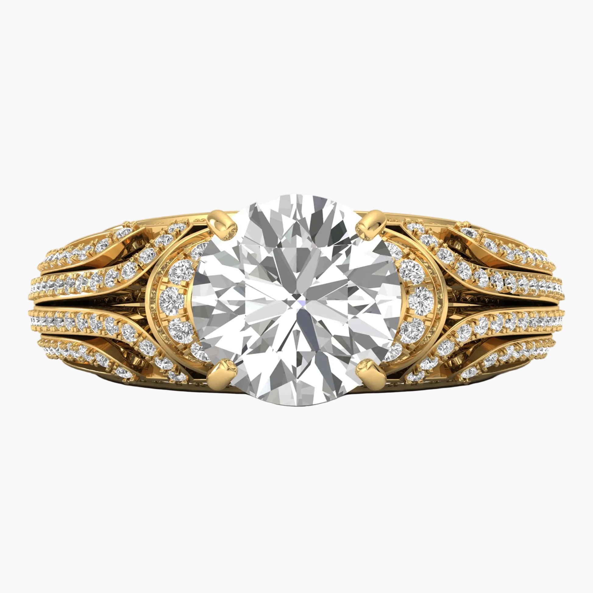 Gold ring with a large diamond and smaller diamonds on the band against a white background