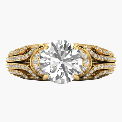 Gold ring with a large diamond and smaller diamonds on the band against a white background