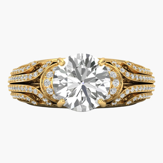 Gold ring with a large diamond and smaller diamonds on the band against a white background