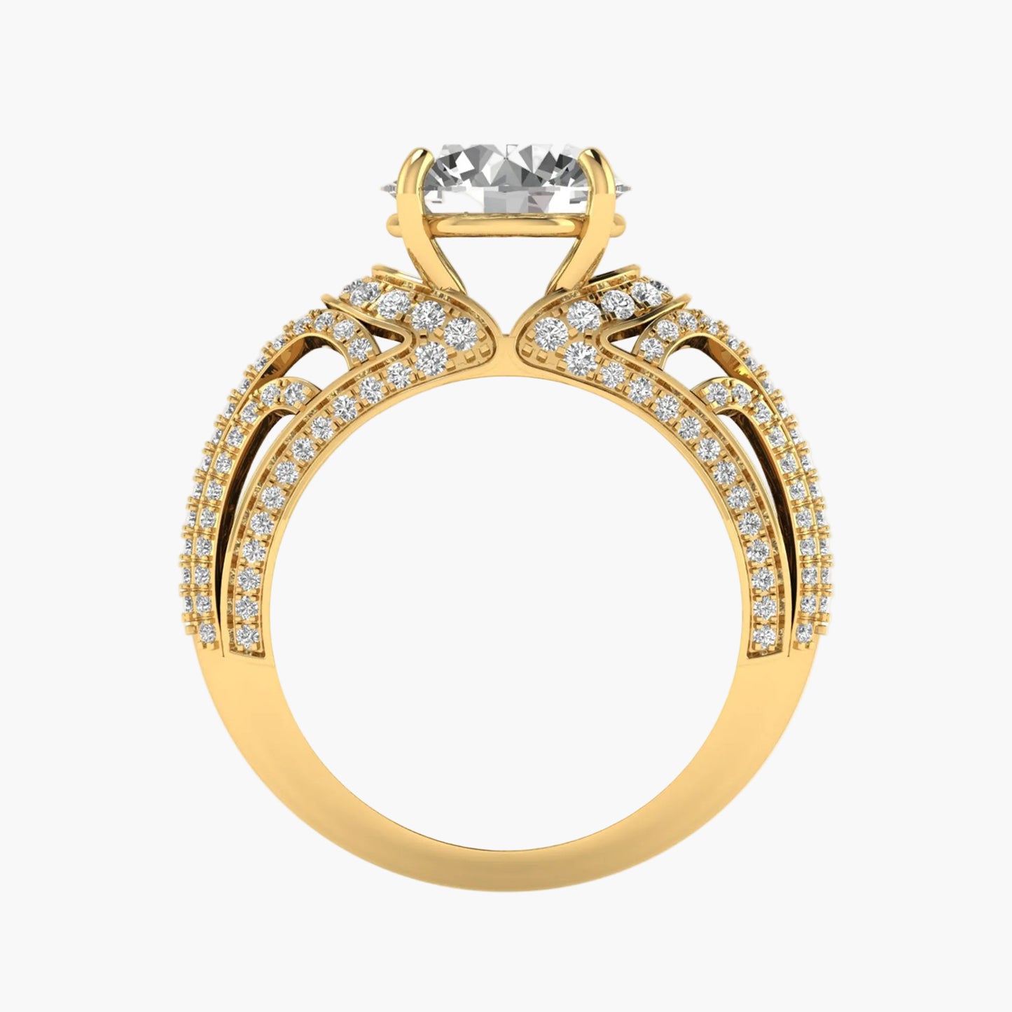 Gold ring with a large diamond and smaller diamonds on a white background
