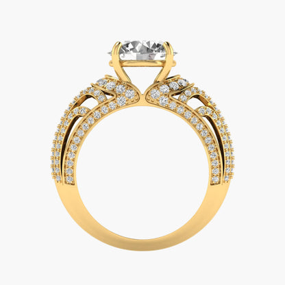 Gold ring with a large diamond and smaller diamonds on a white background