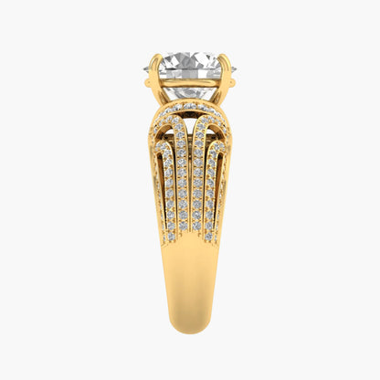 Gold ring with a large diamond and smaller diamonds on the band against a white background