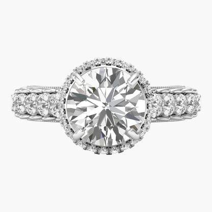 Diamond ring with a large central gemstone and smaller stones on a white background