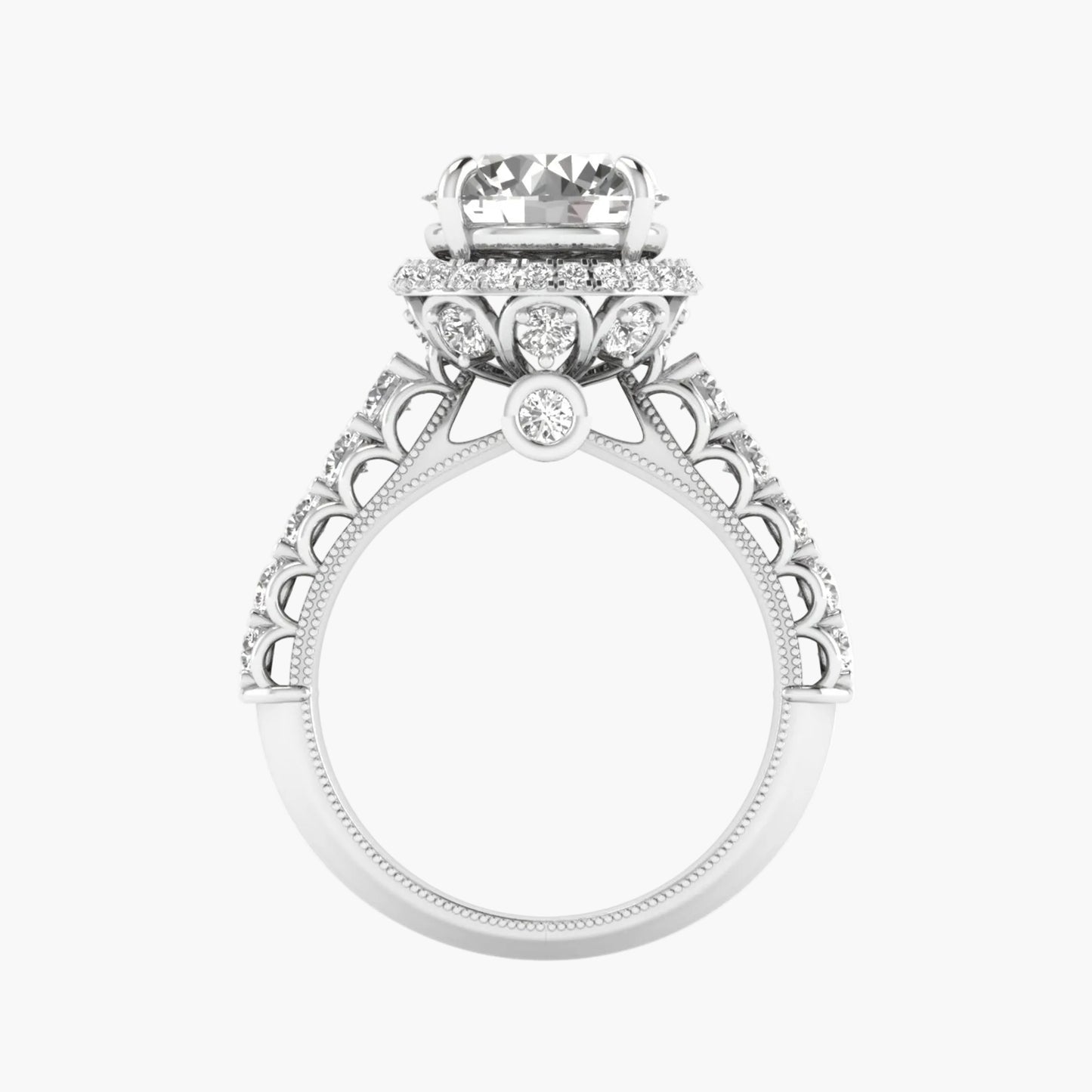 Elegant diamond ring with intricate design on a white background