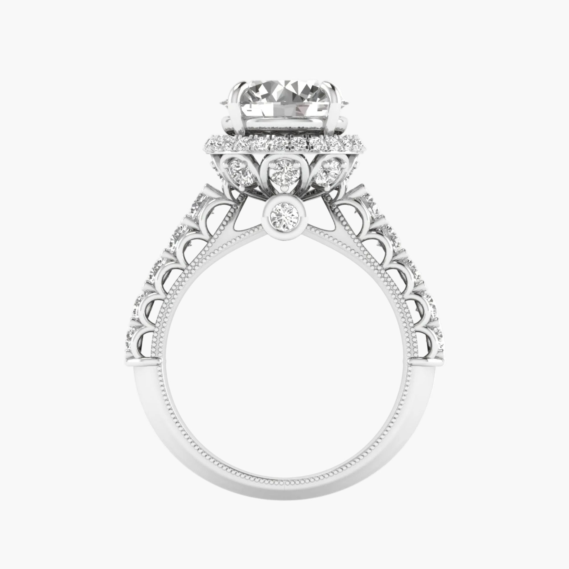 Elegant diamond ring with intricate design on a white background