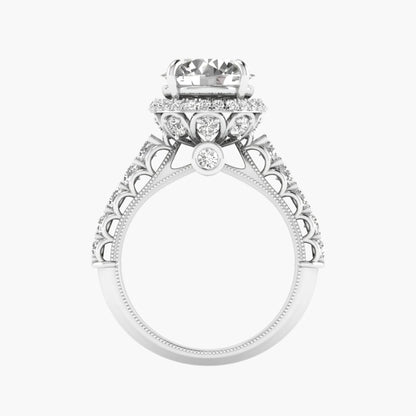 Elegant diamond ring with intricate design on a white background