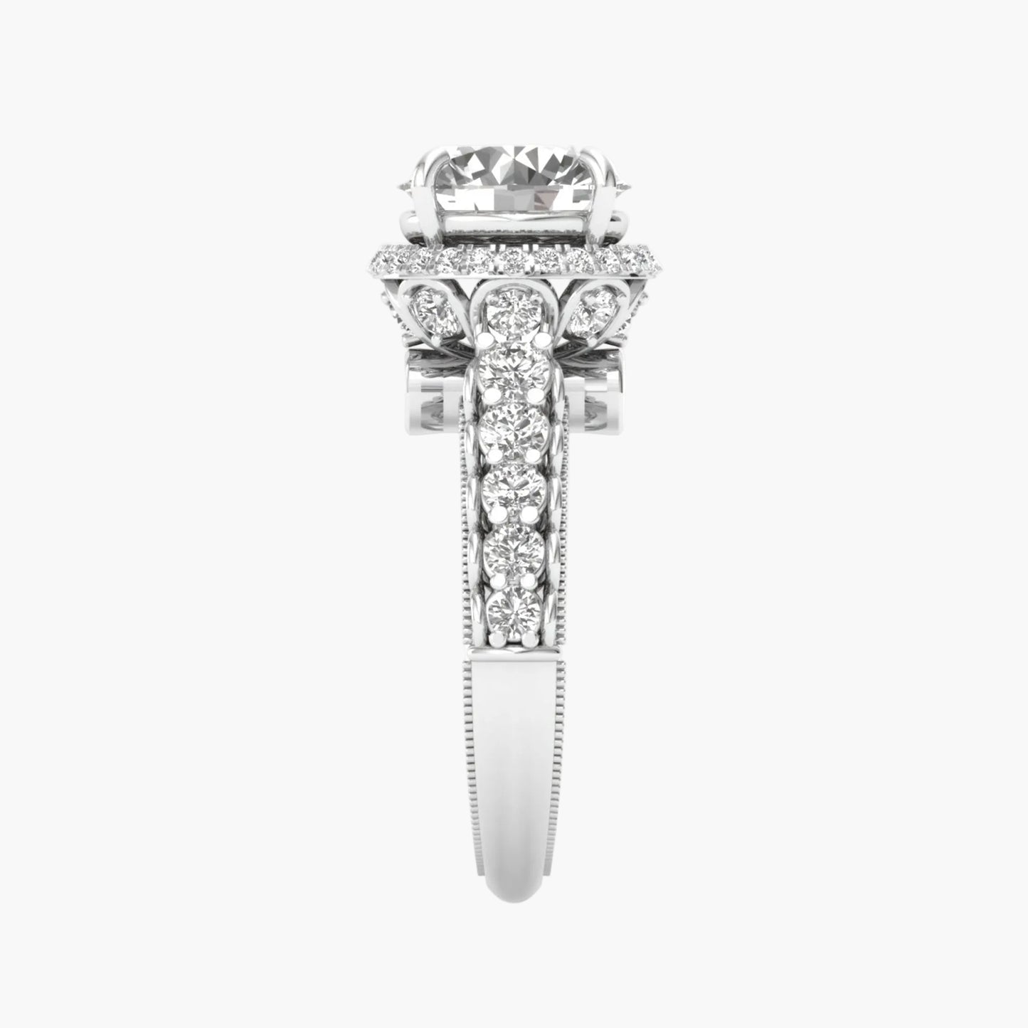 Diamond ring with a white gold band on a white background