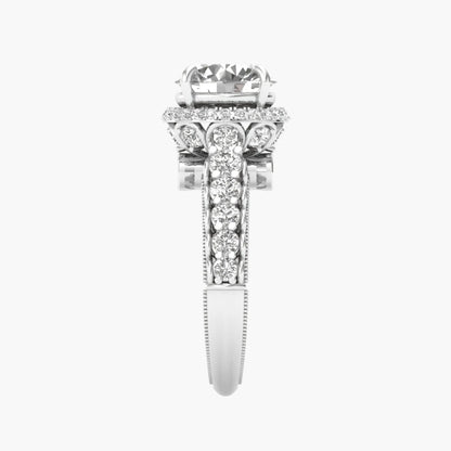 Diamond ring with a white gold band on a white background