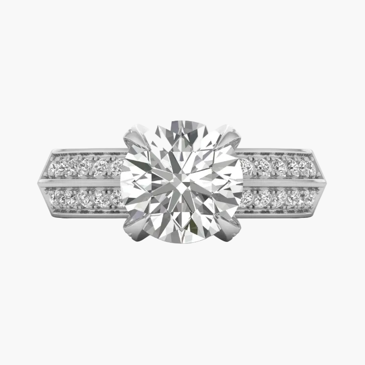 Diamond ring with a large central gemstone and smaller stones on a white background