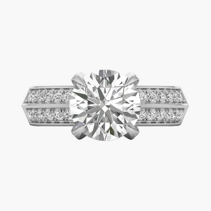 Diamond ring with a large central gemstone and smaller stones on a white background