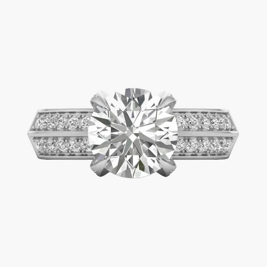 Diamond ring with a large central gemstone and smaller stones on a white background