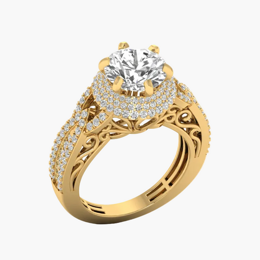 Gold ring with a large diamond and smaller diamonds on a white background
