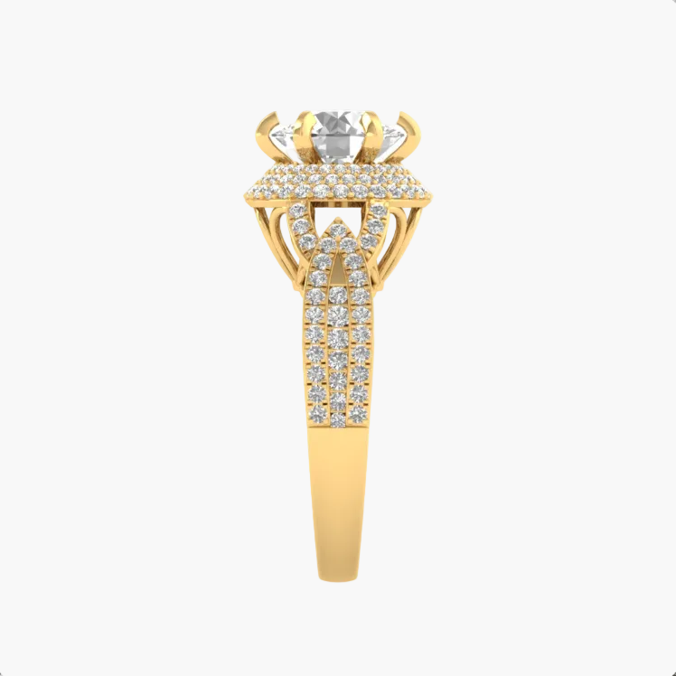 Gold ring with diamond accents on a white background