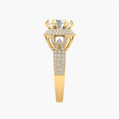 Gold ring with diamond accents on a white background