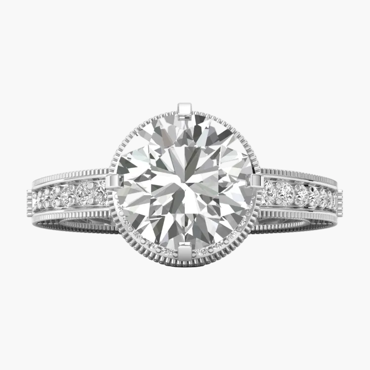 Diamond ring with a white gold band on a white background