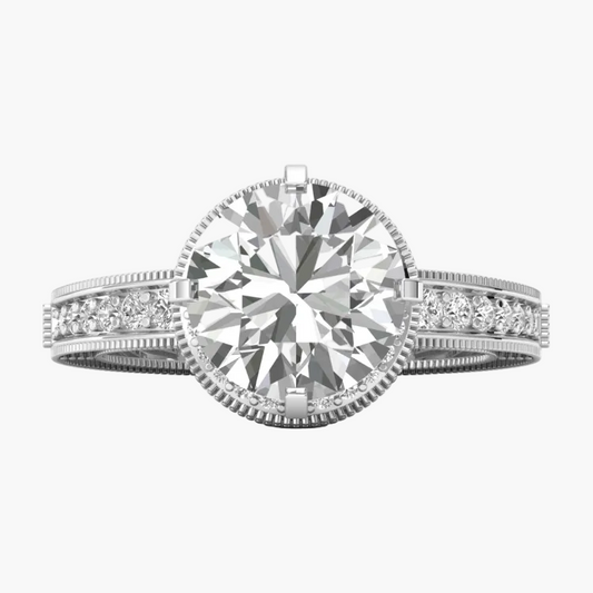 Diamond ring with a white gold band on a white background