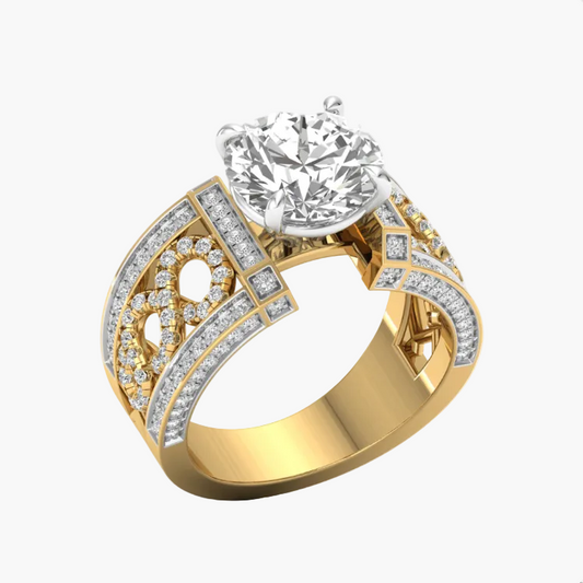 Gold ring with a large diamond and smaller diamonds on a white background