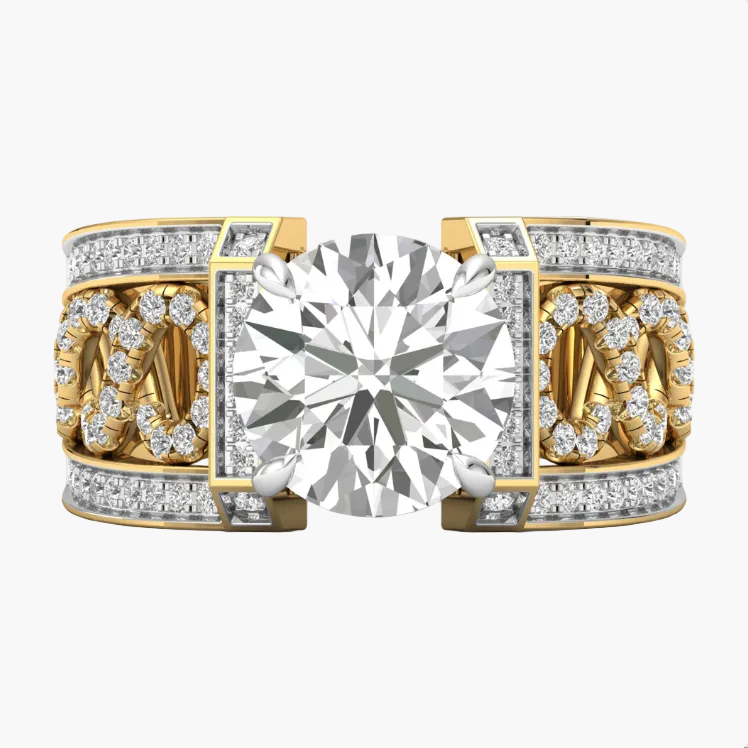 Gold and silver ring with a large diamond and smaller diamonds on the band against a white background