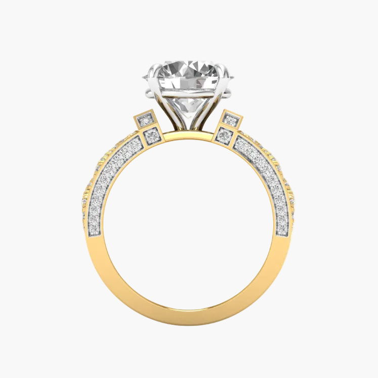 Gold ring with a large diamond and smaller diamonds on a white background