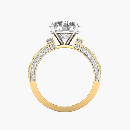 Gold ring with a large diamond and smaller diamonds on a white background