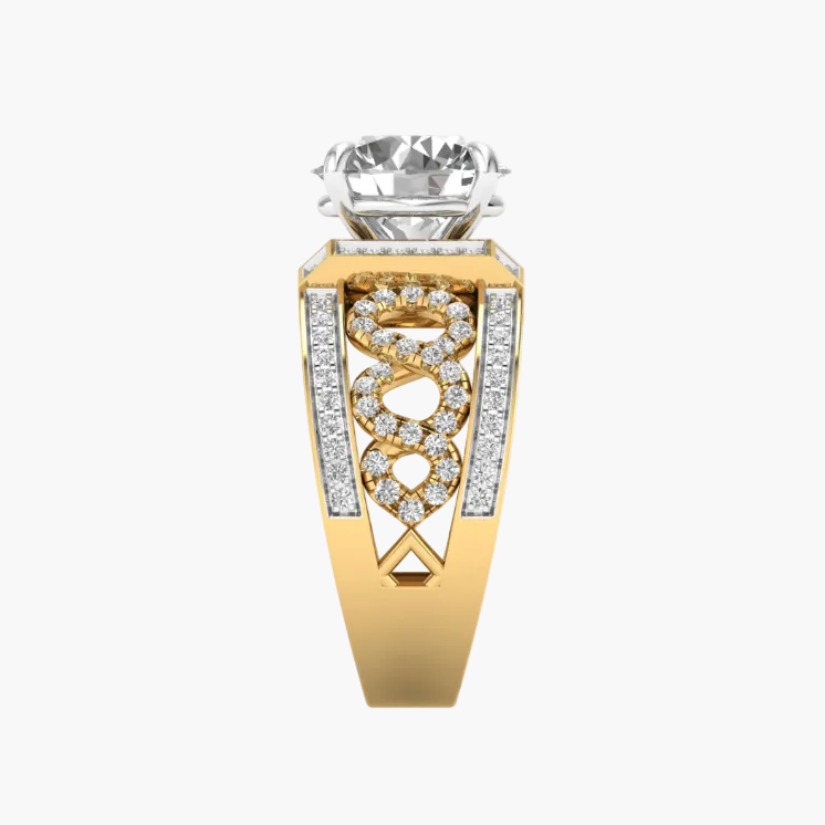 Gold ring with a large diamond and intricate design on a white background