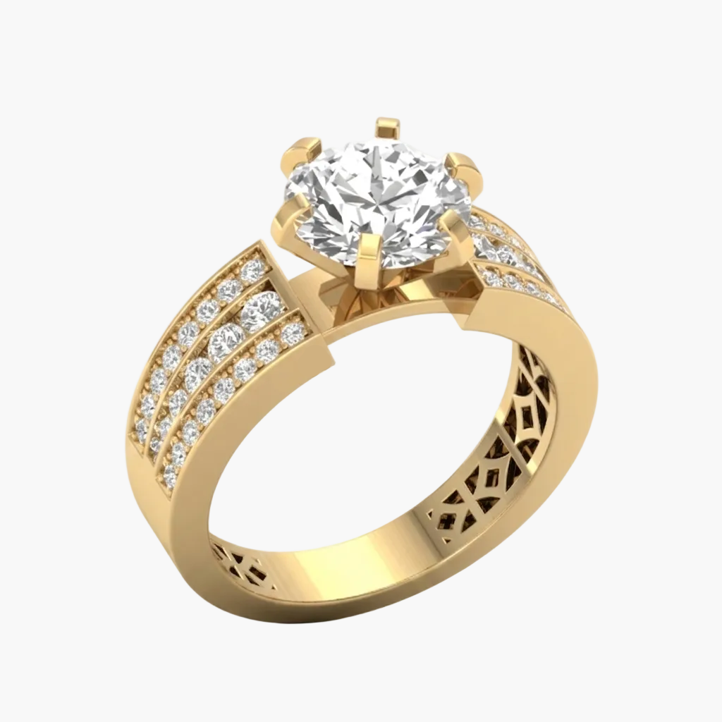 Gold ring with diamond accents on a white background