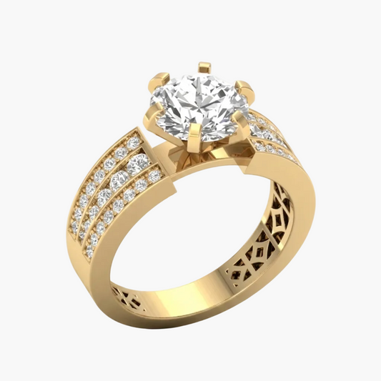 Gold ring with diamond accents on a white background