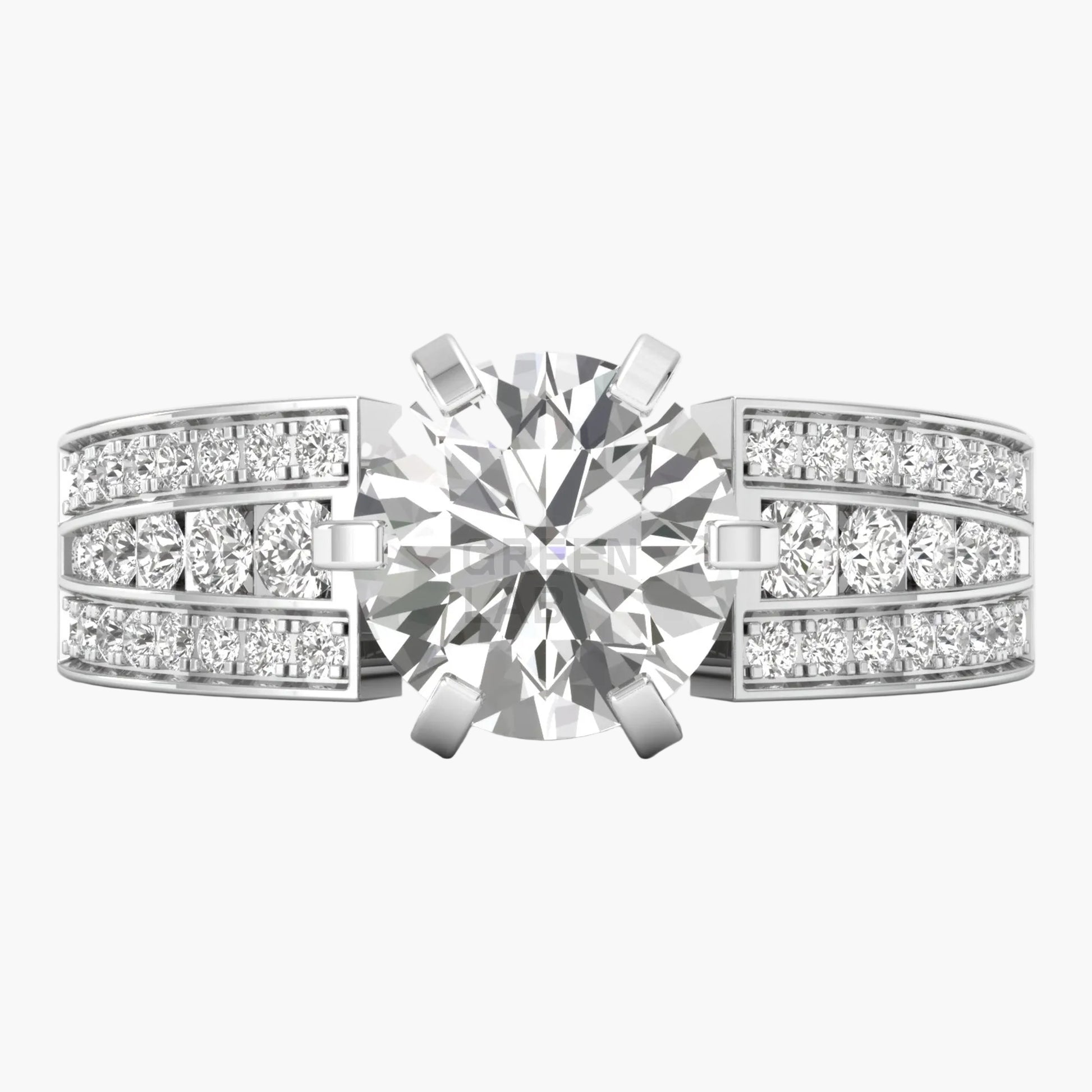Diamond ring with a large central gemstone and smaller diamonds on a white background