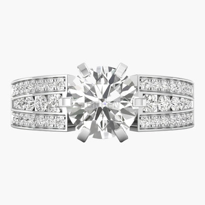 Diamond ring with a large central gemstone and smaller diamonds on a white background