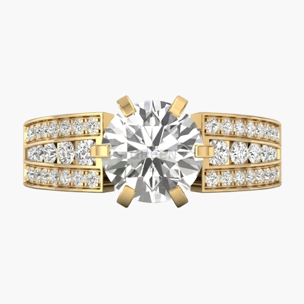 Gold ring with a large diamond and smaller diamonds on the band against a white background