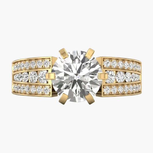 Gold ring with a large diamond and smaller diamonds on the band against a white background
