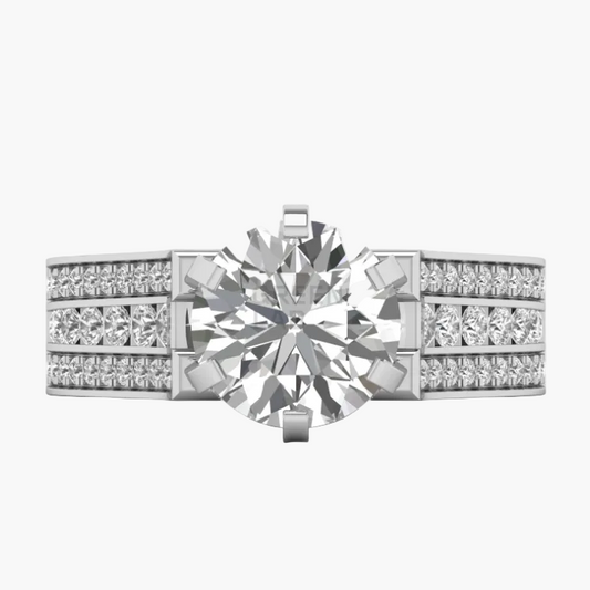 Diamond ring with a large central gemstone and smaller stones on a white background