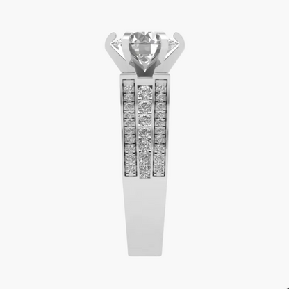 Diamond ring with a heart-shaped center stone on a white background