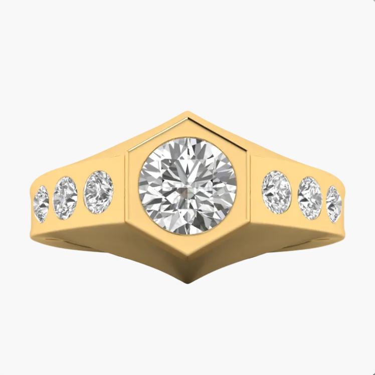 Gold ring with a central diamond and smaller diamonds on a white background