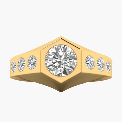 Gold ring with a central diamond and smaller diamonds on a white background