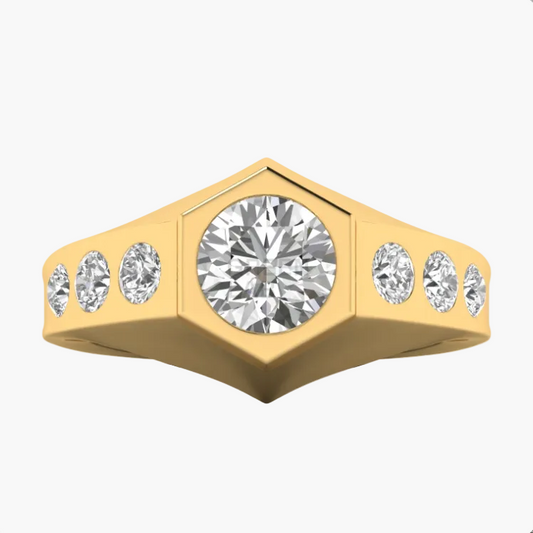 Gold ring with a central diamond and smaller diamonds on a white background