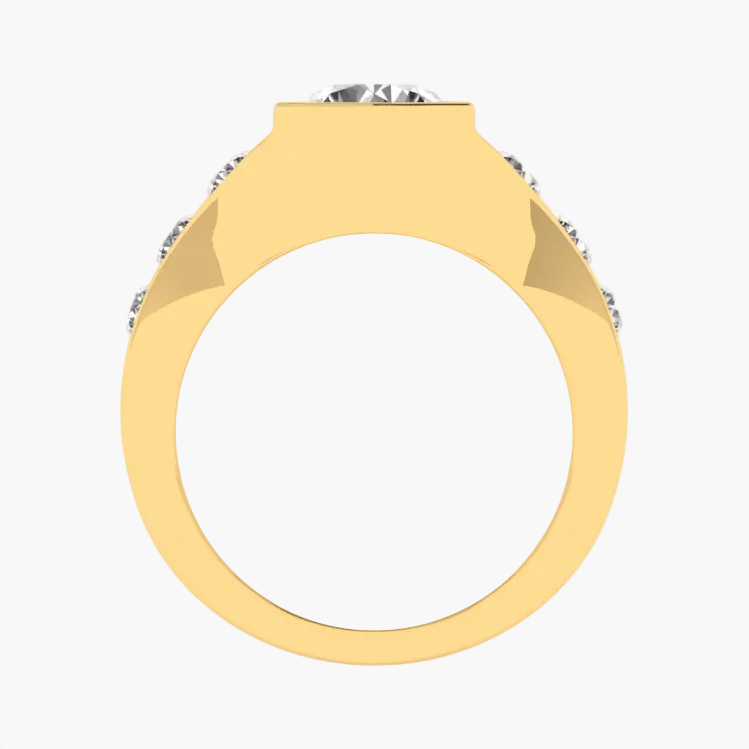 Gold ring with a diamond on a white background, featuring 'Green Lab' branding.