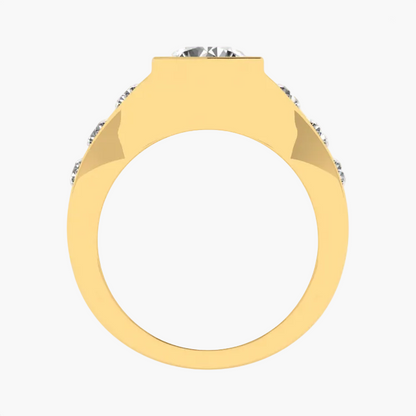 Gold ring with a diamond on a white background, featuring 'Green Lab' branding.