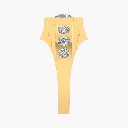 Gold ring with three diamonds on a white background