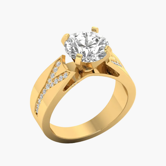 Gold ring with a large diamond and smaller diamonds on the band against a white background.