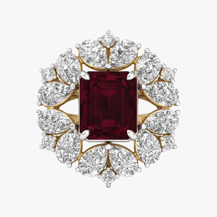 Diamond-encrusted ring with a central red gemstone on a white background