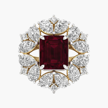 Diamond-encrusted ring with a central red gemstone on a white background