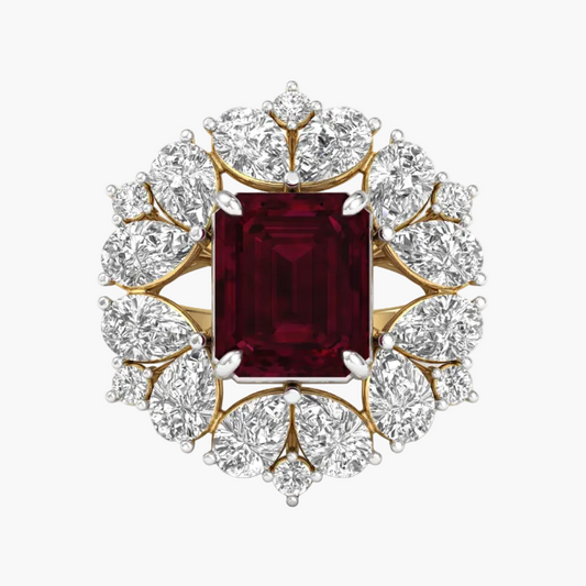 Diamond-encrusted ring with a central red gemstone on a white background